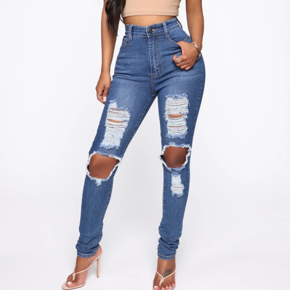High waist ripped blue denim skinny jeans